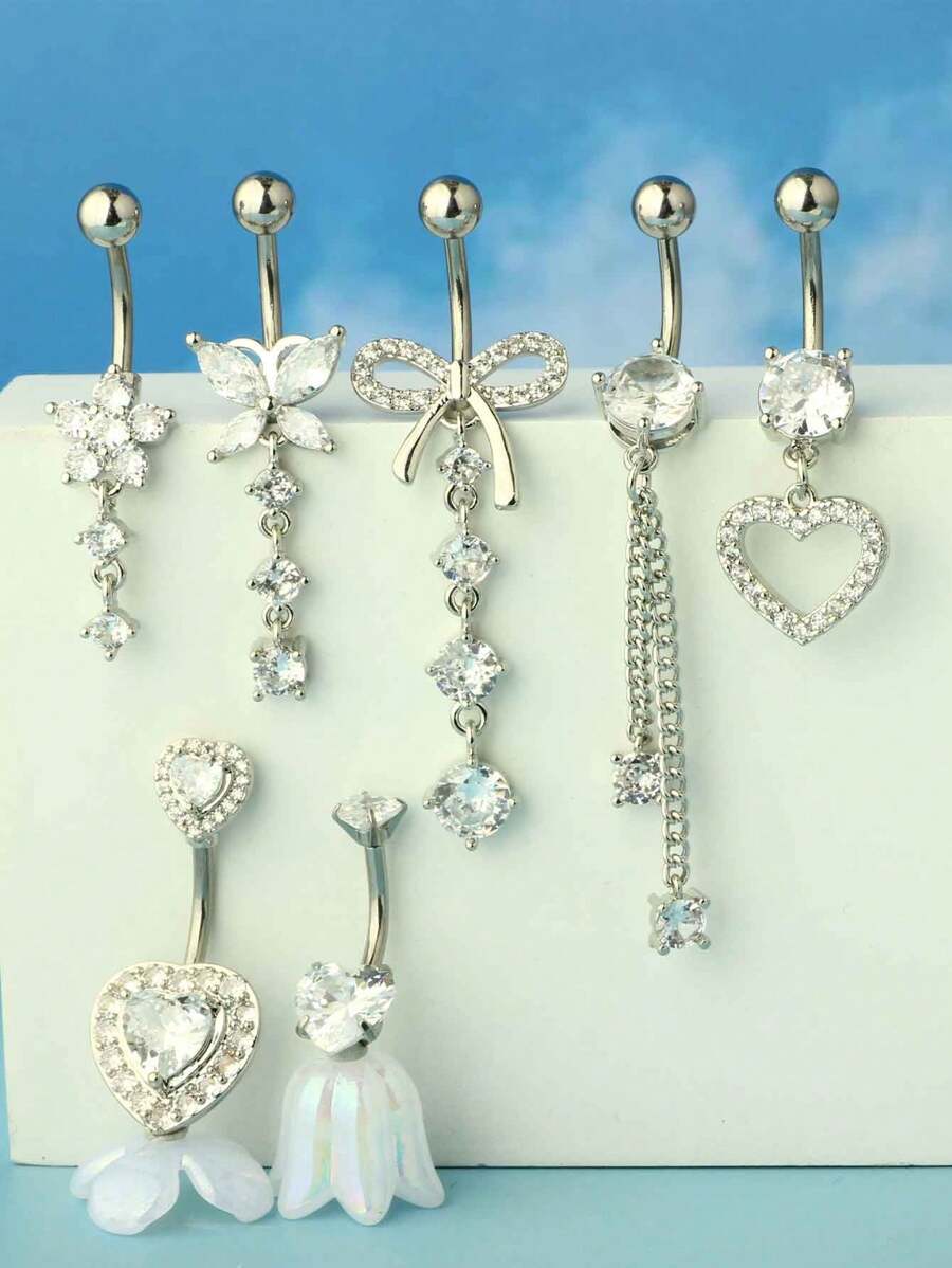 Women Fashion Rings - 7pcs 14G Silver-Tone Crystal Dangling Navel