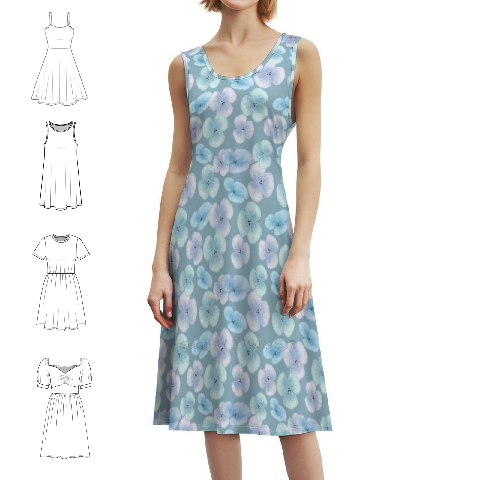 Women Fashion Gown - Light Blue Flowers Light Boho Chic