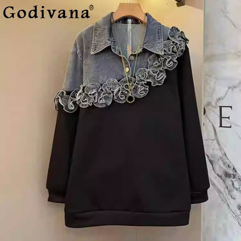 Women'S Fashion Sweatshirts - 2026 Plus Size Girl Denim Turn-Down