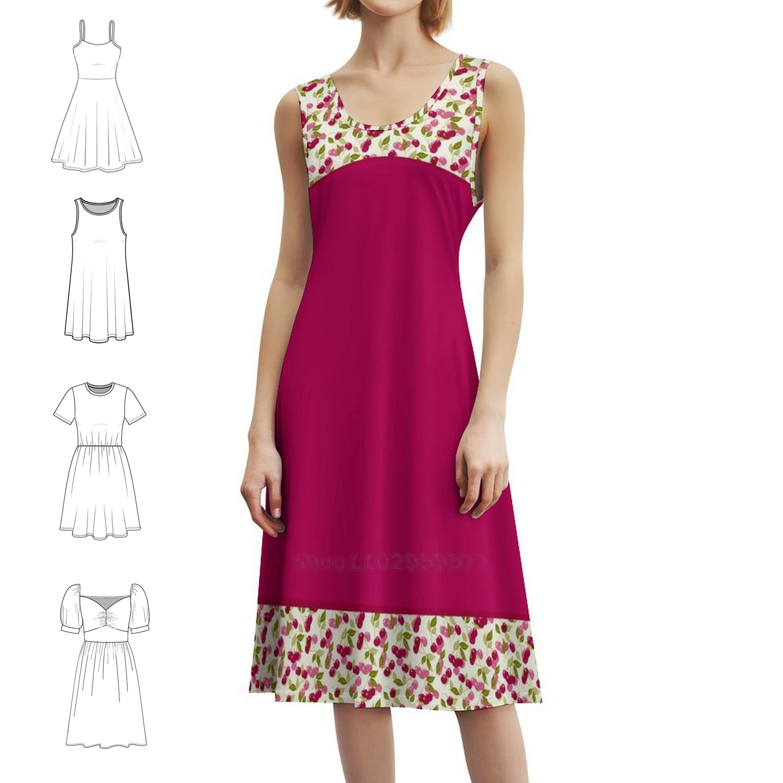 Women Fashion Gown - Combined Pattern Of Red And Multi-Colored