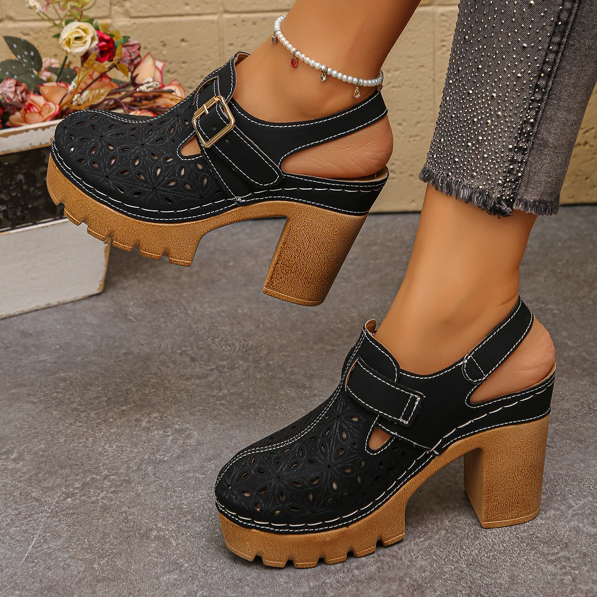 Women Fashion Hats - Large Size Women's Thick Heel Sandals