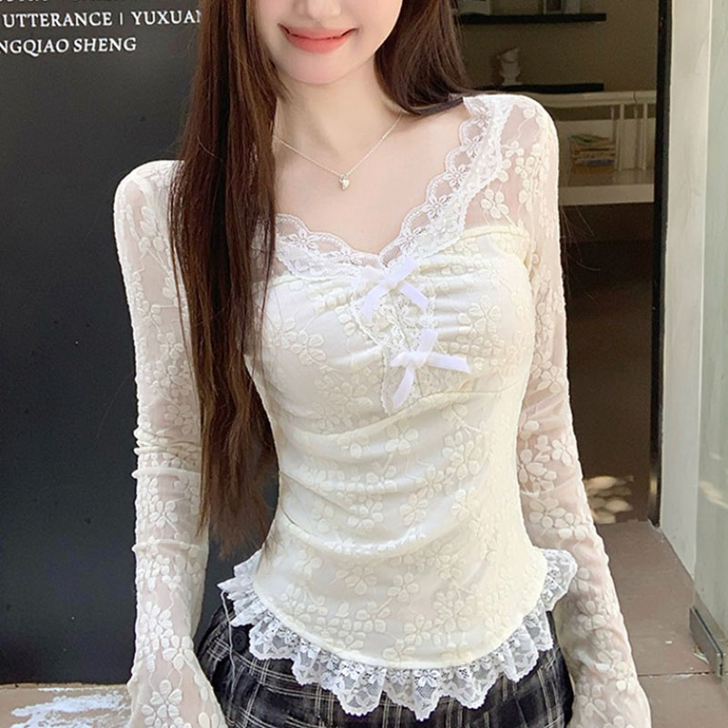 Women Fashion Style - Women Long Sleeved T-shirt V-neck Lace