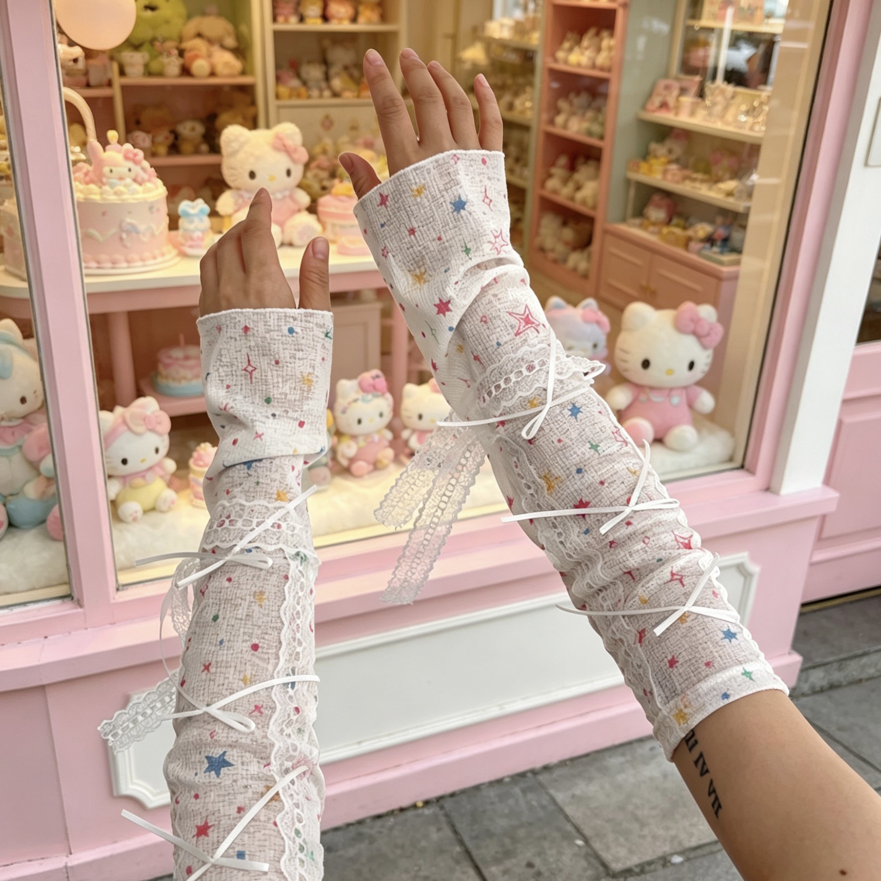 Women'S Fashion Gloves - Kawaii Star Print Lace Arm Sleeves