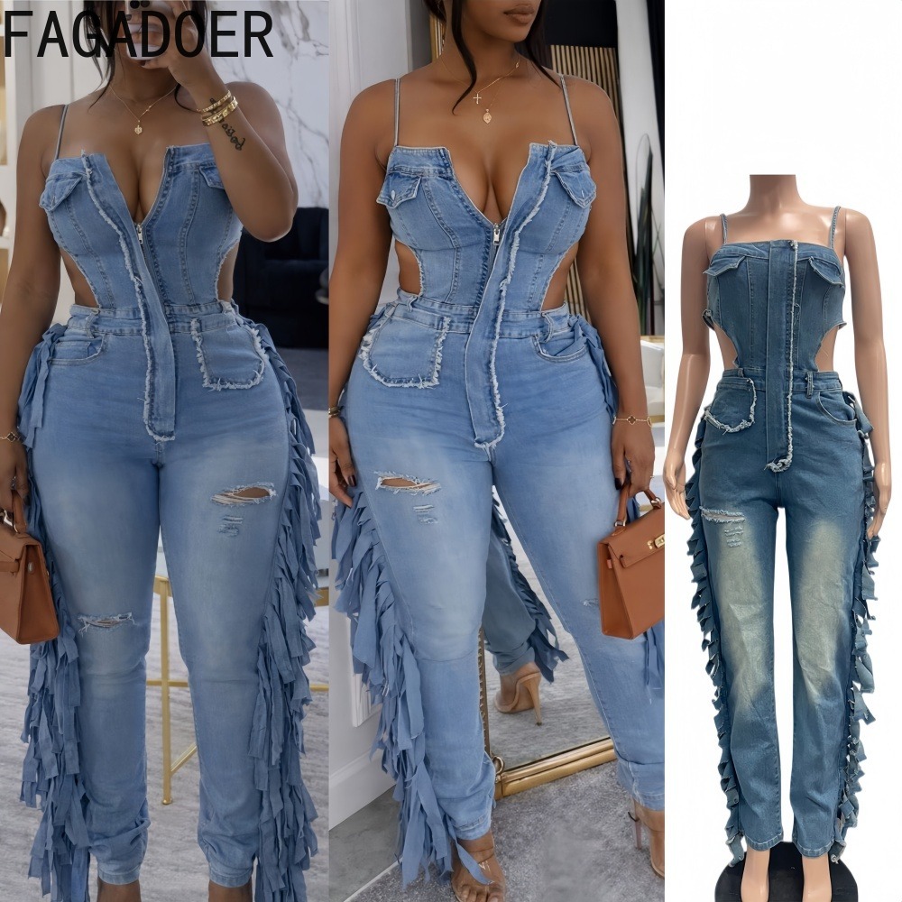 Women'S Fashion Overalls - FAGADOER Fashion Hollow-out Bodycon Denim Jumpsuit