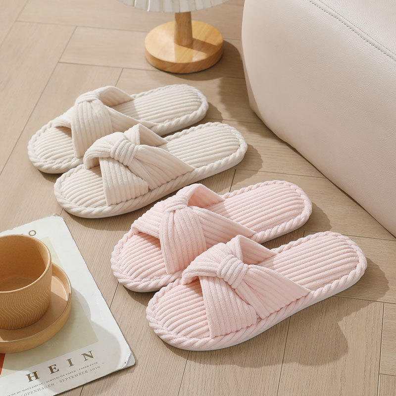 Women Fashion Images - Corduroy Cross Strap Home Slippers for
