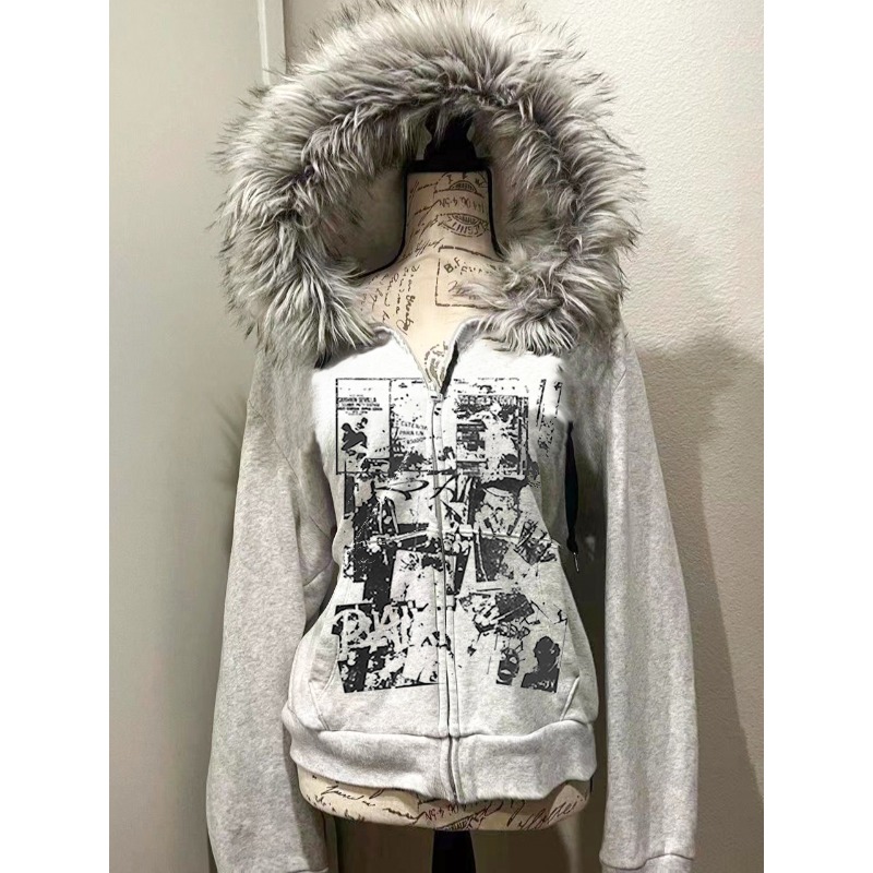 Grey Faux Fur Wool Double Zipp - Women'S Fashion Zip Hoodie のレビューと価格