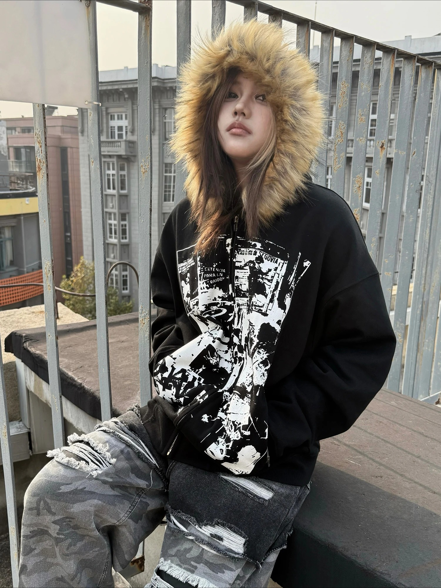 Grey Faux Fur Wool Double Zipp - Women'S Fashion Zip Hoodie のレビューと価格