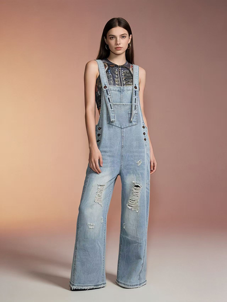 Fashion Retro Ripped Hole Deni - Women'S Fashion Overalls のレビューと価格