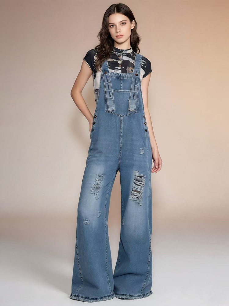Fashion Retro Ripped Hole Deni - Women'S Fashion Overalls のレビューと価格