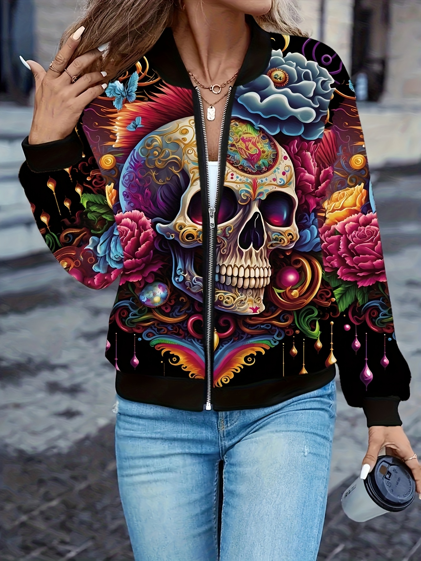Fashion Women's Skull Floral 3 - Sherpa Coat Women のレビューと価格